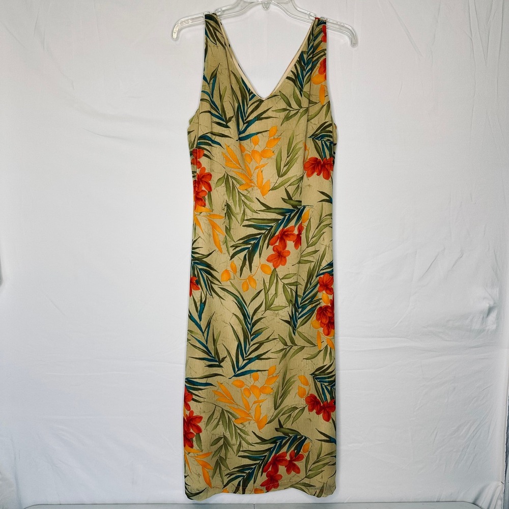 Crazy Horse Collection Womens Tropical Floral V-Neck Midi Sheath Dress Tan Sz 12